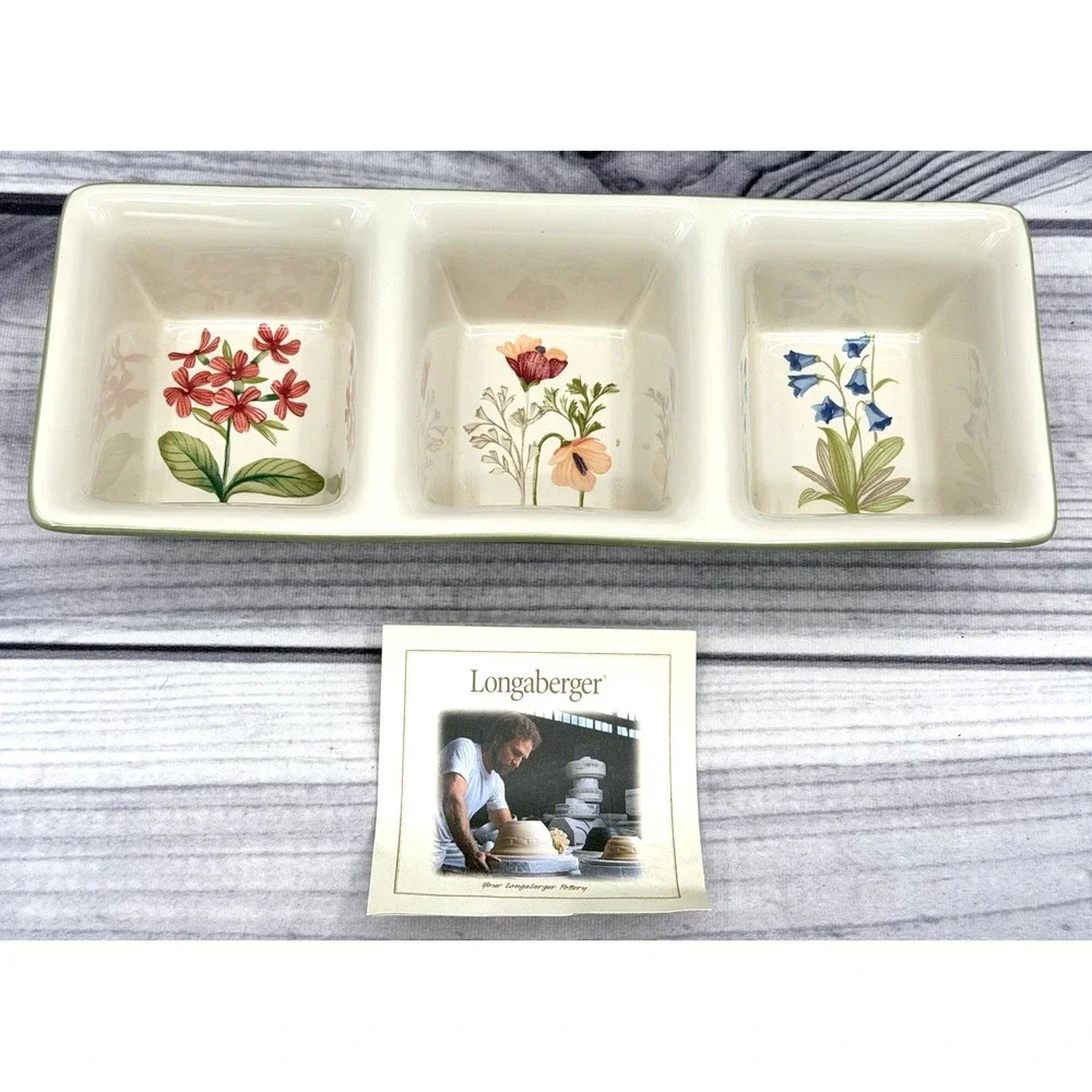 LONGABERGER POTTERY BOTANICAL FIELDS 3 COMPARTMENT‎ DIVIDED DISH - RELISH DISH